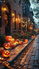 Obraz premium Halloween product display background podium, Classic Trick-or-Treat Street, brick, glowing jack-o’-lanterns, Halloween-decorated neighbourhood street, Cobweb houses, nostalgic and festive energy, ad