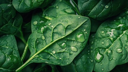 Close-up of fresh green spinach leaves with water droplets, emphasizing its vibrant and lush texture, creates an enticing backdrop for healthy eating or cooking.