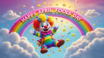 Naklejka premium A joyful clown with a rainbow hairstyle jumps under a rainbow, surrounded by stars and “HAPPY APRIL FOOLS’ DAY” text in a whimsical sky scene.