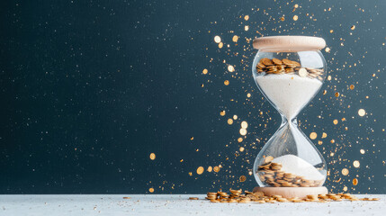 Time is Money: Conceptual hourglass filled with coins, representing investment, savings, financial management and the value of time