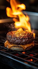 Burger on Grill with Flames