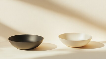 Two elegant bowls, beige and black, in soft sunlight against a neutral background. Minimalist home decor, kitchenware, tableware.