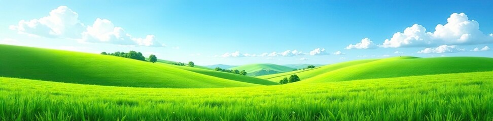 Fototapeta premium Scenic farmland with green fields, rolling hills, and a clear blue sky overhead, meadows, hills