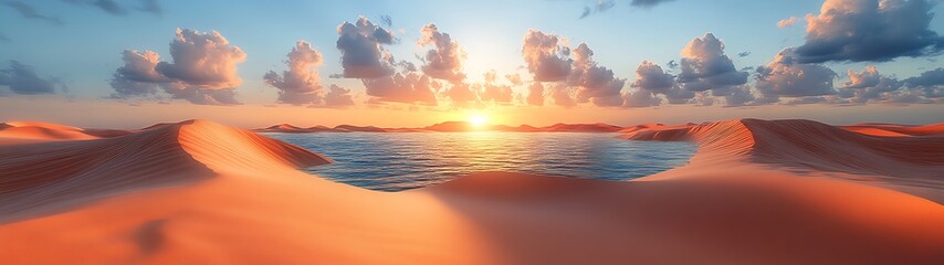 Fototapeta premium Desert landscape with water and a vibrant sunset in the sky