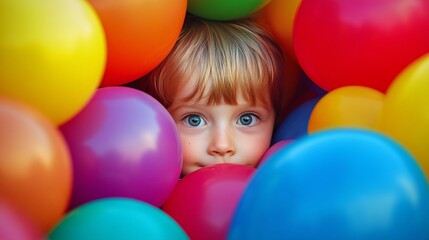 Obraz premium Cute little boy playing with colorful balloons at the playground. Happy childhood concept.