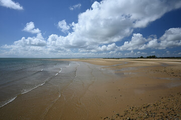 beach landscape with sand and water reflections against blue sky