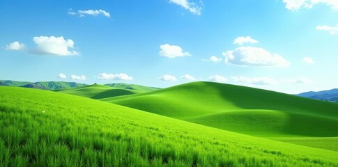 Fototapeta premium Scenic green grassland landscape with rolling hills and clear blue sky, outdoors, horizon