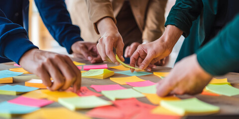 Obraz premium Close-up of hands arranging colorful sticky notes on a table, representing teamwork, brainstorming, planning, or project management. Free space for text.