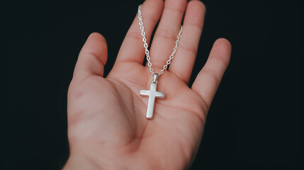 Silver cross necklace held in palm of hand on black background
