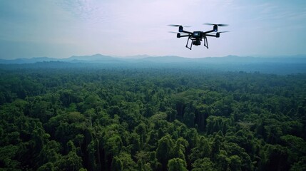 Fototapeta premium An AI powered drone system performing real time wildlife monitoring, tracking animal populations in remote forests for conservation research, Environmental technology style