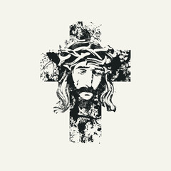 Easter banner or greeting card with Christian Catholic cross with portrait of crying Jesus Christ wearing crown of thorns. Religious illustration, logo. T-shirt design in grunge style