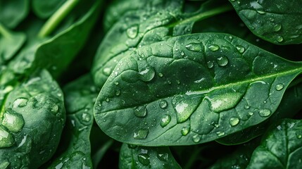 Close-up of fresh green spinach leaves with water droplets, emphasizing its vibrant and lush texture, creates an enticing backdrop for healthy eating or cooking.