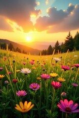 Fototapeta premium Scenic meadow with vibrant wildflowers under a sunset sky, sun flare, and bokeh effect, featuring silhouettes of grass and flowers, meadow, silhouettes