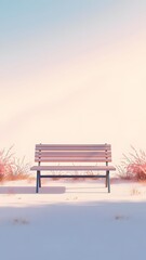 Create a serene phone wallpaper featuring a bench in a snowy landscape.  