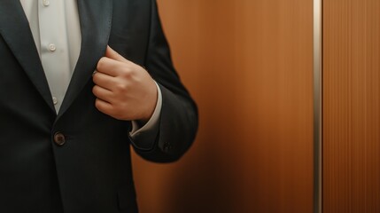 Attentive Businessman Adjusting Suit in Modern Elevator with Wooden Interior and Soft Lighting
