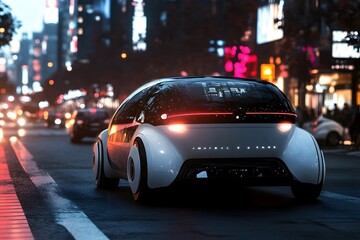 Futuristic electric car driving through a bustling city at night with vibrant neon lights illuminating the streets