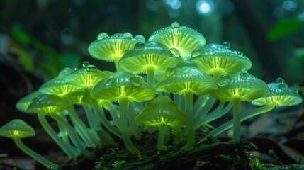 Bioluminescent Mycena Mycena chlorophos Glowing Mushrooms of Rainforest Show glowing cluster of Bioluminescent Mycena mushroom illuminating dark undergrowth of Southeast Asian jungle photographer