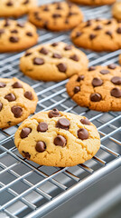 Freshly baked chocolate chip cookies cooling on a wire rack