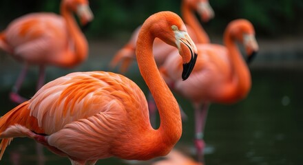 Pink flamingo standing in the zoo near water with tropical nature and vibrant feathers