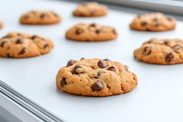 Freshly baked chocolate chip cookies on a tray