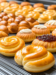 Freshly baked pastries arranged on a cooling rack, showcasing various shapes, textures and fillings