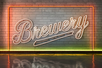 Neon Brewery sign on brick wall, illuminated with orange and green neon lights, creating a vintage bar atmosphere, ideal for pub or bar advertisement