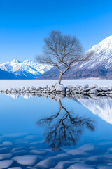 Frozen lake with a lone tree reflecting perfectly