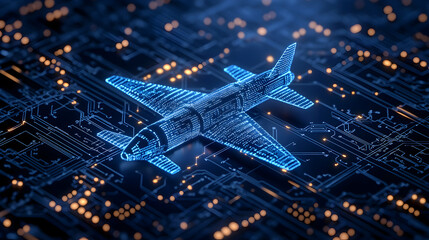 Futuristic aircraft digitally rendered on circuit board