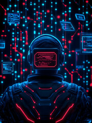 Futuristic astronaut immersed in digital data stream