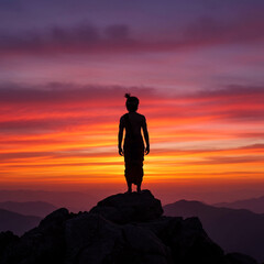 Silhouette of Person Standing on Mountain Peak Against Vibrant Purple and Red Sunset Sky