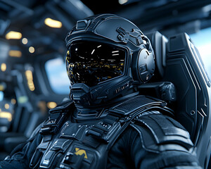 Futuristic astronaut in cockpit, dark suit, reflective visor