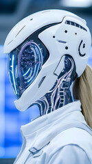 Futuristic female robot, white helmet, glowing blue circuitry, profile view