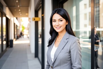 Smiling Older Businesswoman in a stylish business outfit standing at modern coworking space