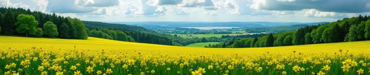 Fototapeta premium Scenic panorama view of landscape with vibrant yellow rape field, lush meadows, and dense forests, horizon, countryside