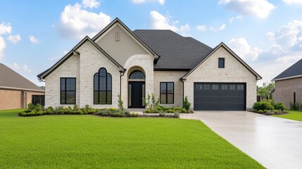 Fototapeta premium Beautiful residence featuring lush green grass, arched windows, and a welcoming driveway set in a peaceful community