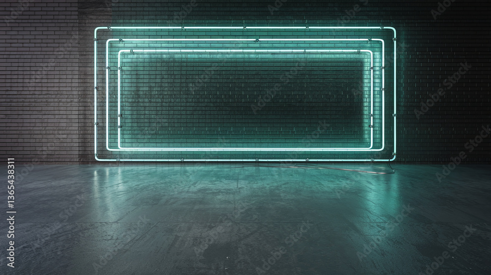 Poster Neon teal rectangular frame on dark brick wall, showcasing blank space ideal for text or logo placement, creating a modern and stylish backdrop for advertisement or design