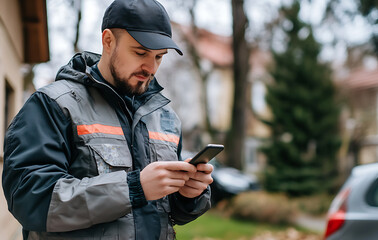 A delivery driver in uniform checking a map on his phone 