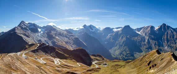 Obraz premium Mountains with a beautiful sky. Mountain landscape at daylight. View from Edelweissspitze, Grossglockner High Alpine Road. Austria, Europe