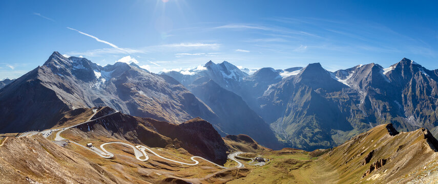 Mountains with a beautiful sky. Mountain landscape at daylight. View from Edelweissspitze, Grossglockner High Alpine Road. Austria, Europe