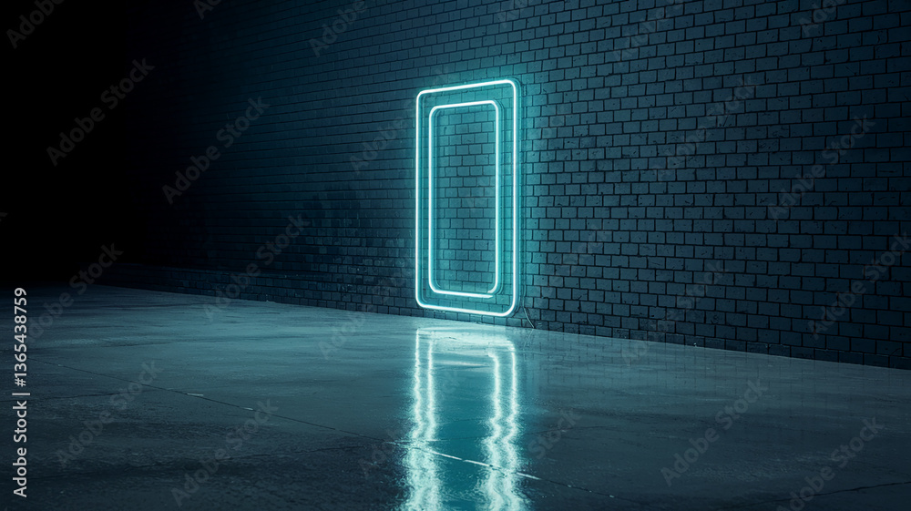 Poster neon frame on a dark brick wall, reflecting on wet floor, showcasing blank space ideal for text or a