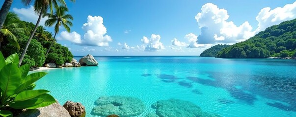 Scenic photo of lush landscapes with crystal-clear lagoons and fluffy white clouds in the sky, landscape,  clouds