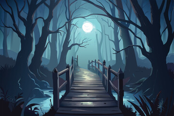 Obraz premium Wooden path through the swamp at night. Vector cartoon illustration.