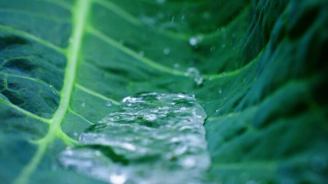 Pristine water gracefully streaming along verdant leaf vein, showcasing delicate surface tension and natural botanical beauty in close up macro perspective