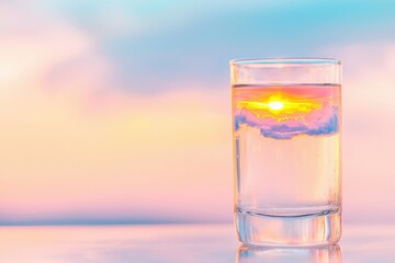 Sunrise Reflection in Glass: A captivating view of a sunrise through a glass, the scene is a blend of soft, pastel hues, painting a picture of peace and the beginning of a new day.