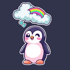 Fototapeta premium Adorable Cartoon Penguin with Rainbow and Cloud