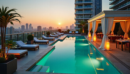Luxury rooftop pool at sunset with stylish loungers and dining area overlooking the city
