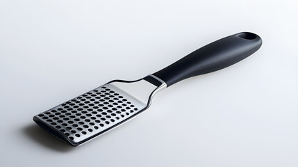 modern cheese grater with ergonomic handle lies on smooth surface, showcasing its sleek design and functionality. grater metallic surface contrasts with black handle