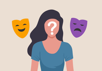 Woman shows two face mask with happy and unhappy mood. Person hiding true emotions, psychological problems. Fake feelings, mental disorder changing personality. Manic depression, bipolar illness