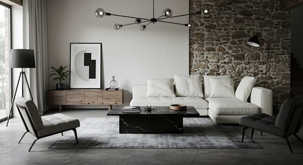 Sophisticated living room showcase with stone accent wall and modern furniture