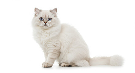 Fototapeta premium Fluffy White Cat with Blue Eyes Sitting on White Background, Long-Haired Feline Beauty